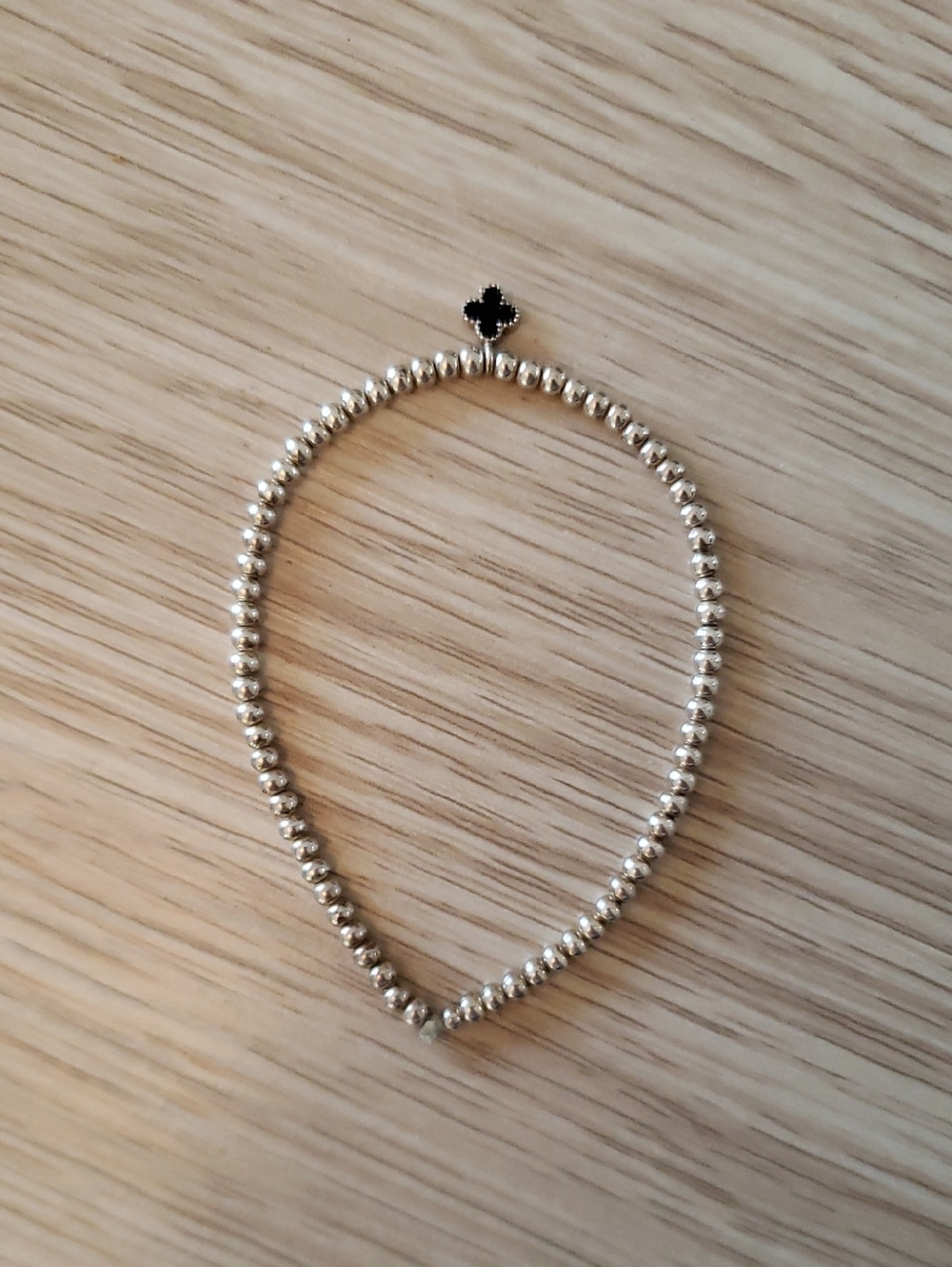 Silver Beaded Women's Bracelet with Black Clover Accent